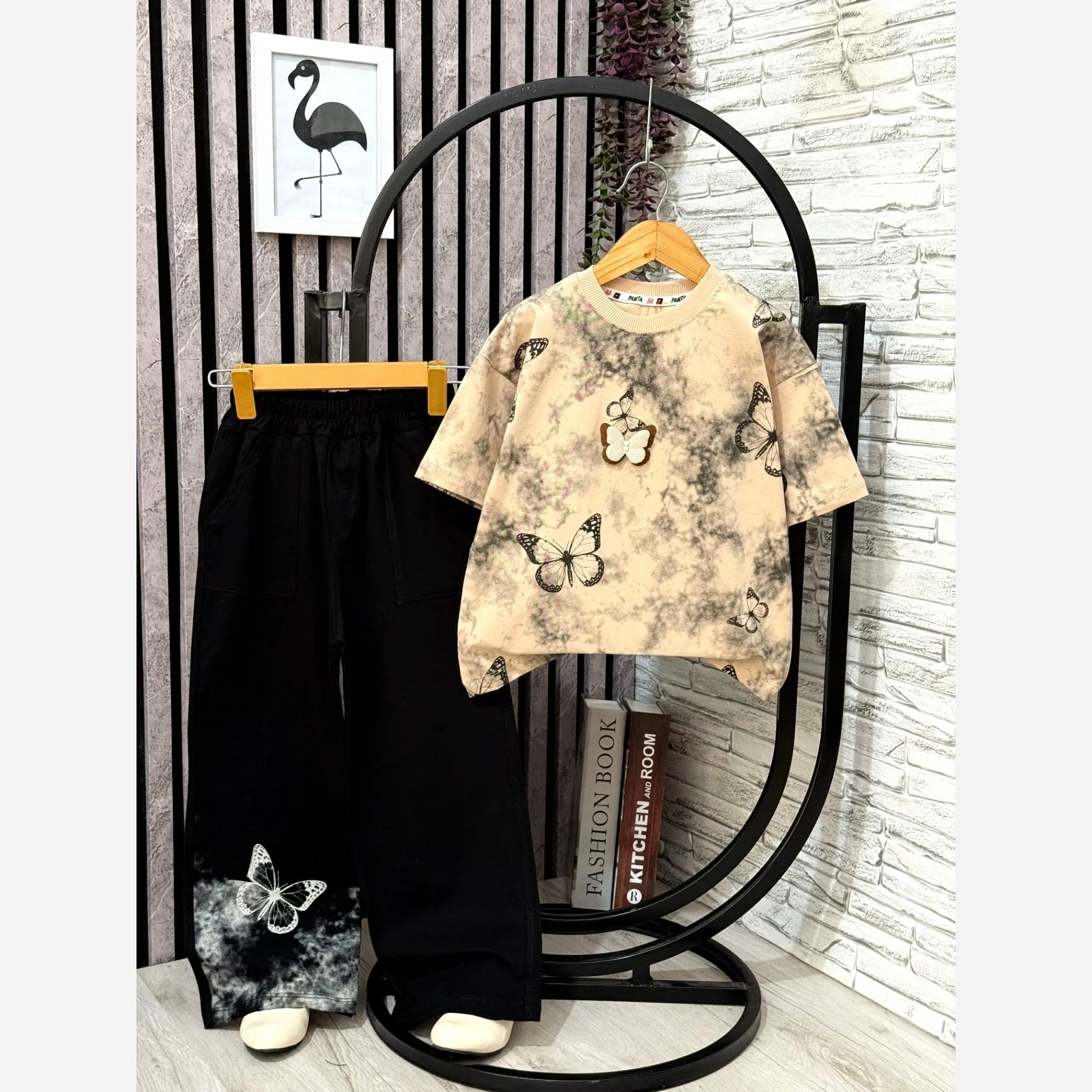 لباس دخترانه تیشرت و شلوار مدل پروانه نخ پنبه لاکرا سایز 50 تا 65