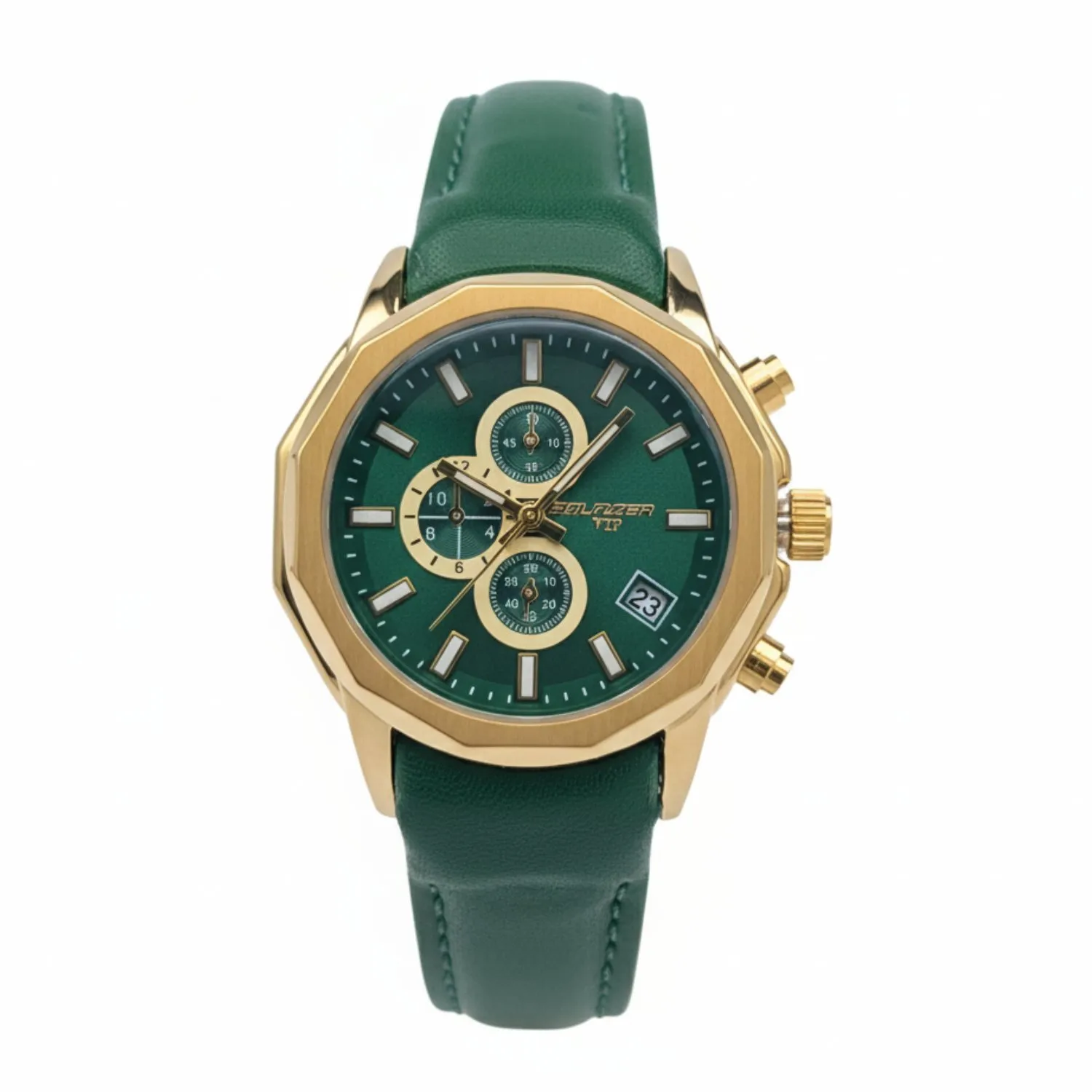 ساعت مچی زنانه بلیزر طلایی صفحه سبز بند چرمی طرح سه موتور با تقویم و موتور میوتا ژاپن