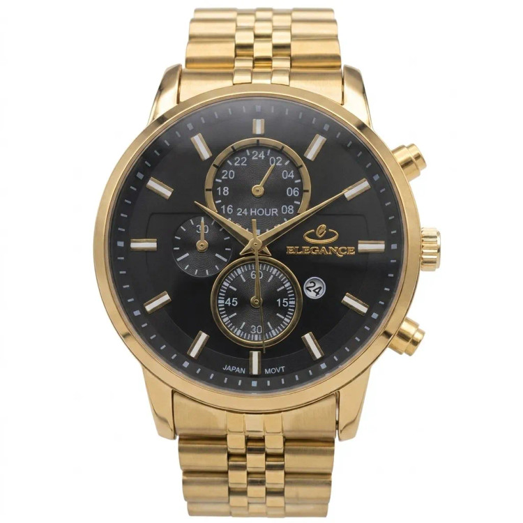ساعت مچی مردانه الگانس مدل 6598 بند استیل طلایی صفحه مشکی طرح سه موتور