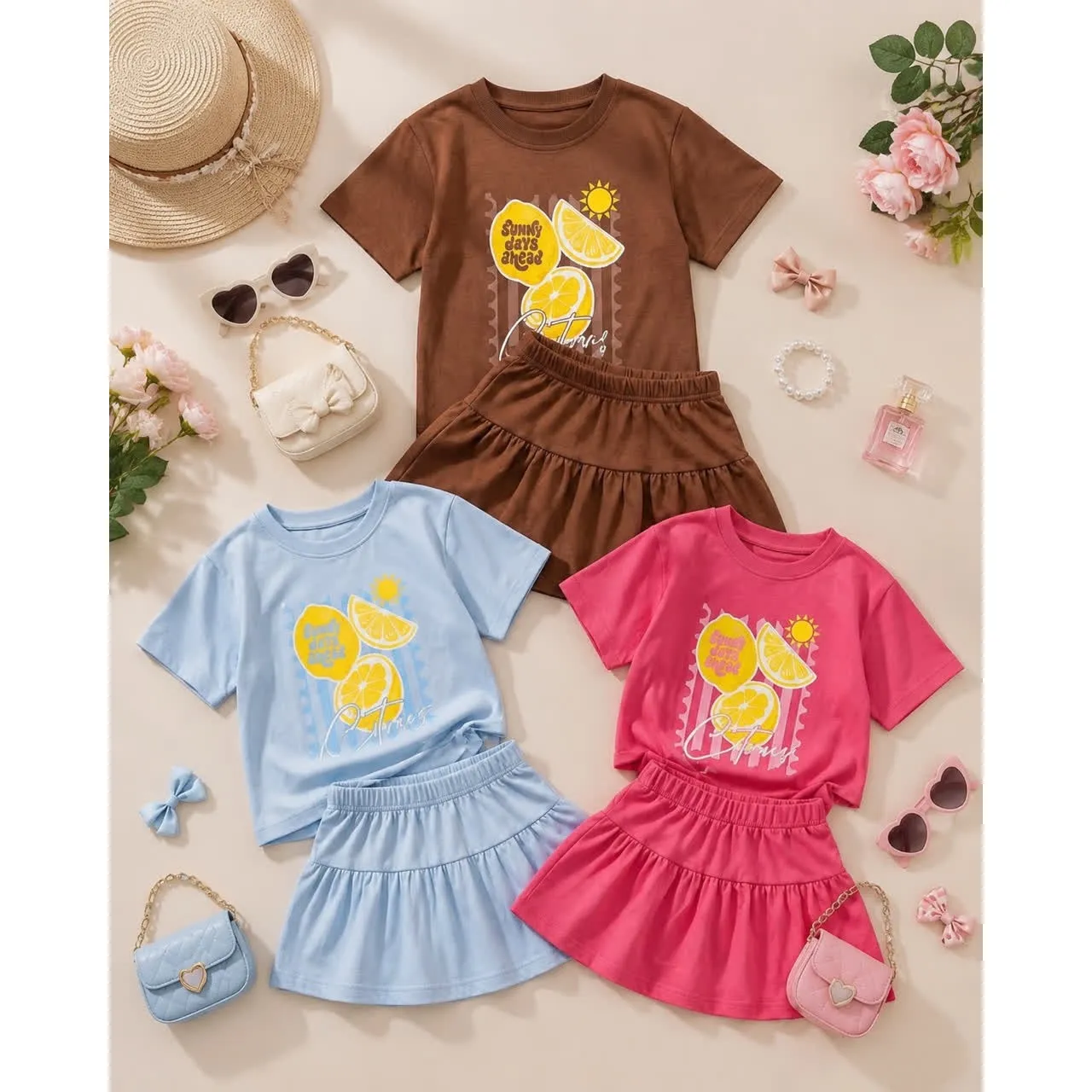 ست تیشرت و دامن نخ پنبه دخترانه سایز 2 تا 8 سال طرح لیمویی