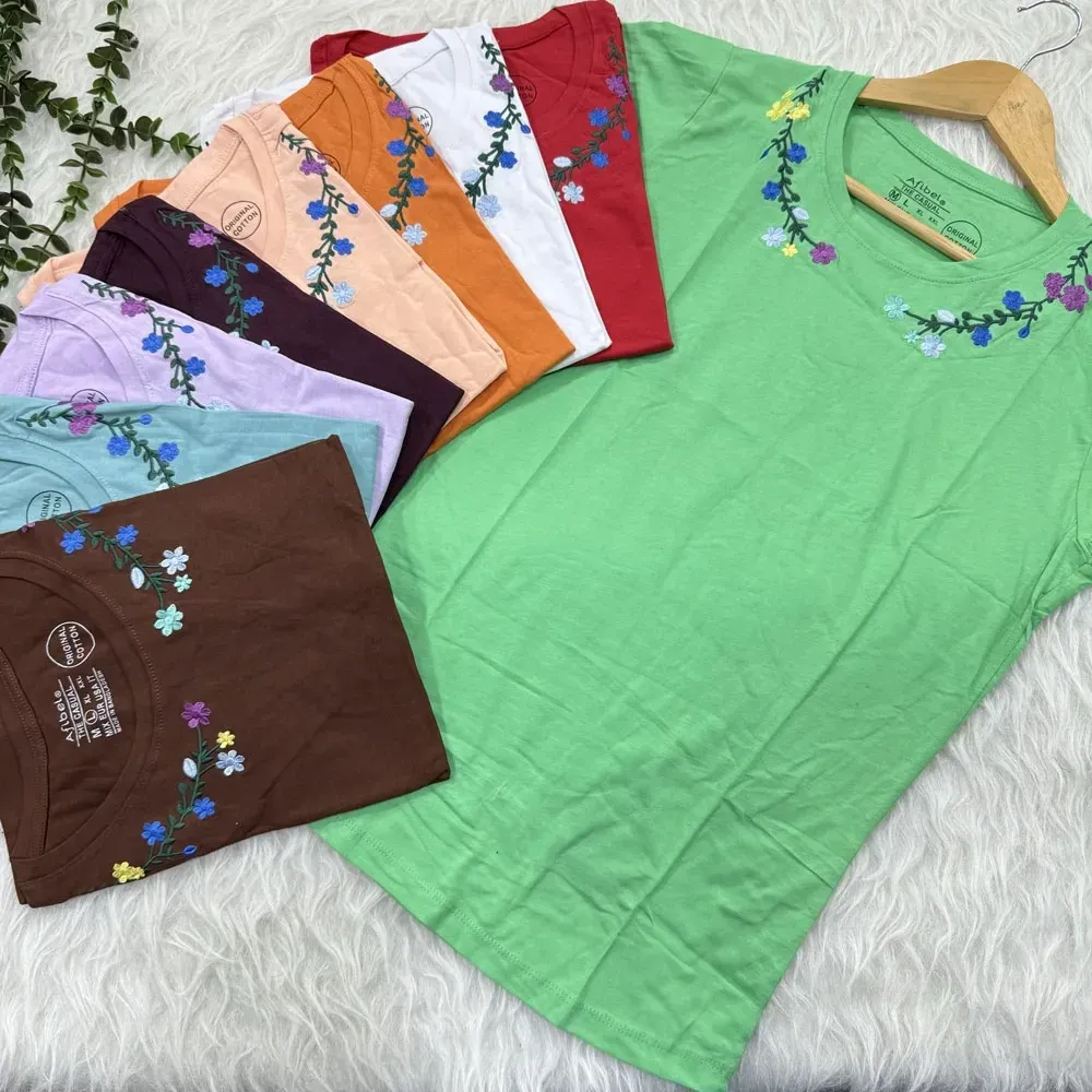 تیشرت زنانه نخ پنبه گلدوزی شده وارداتی کد 1863