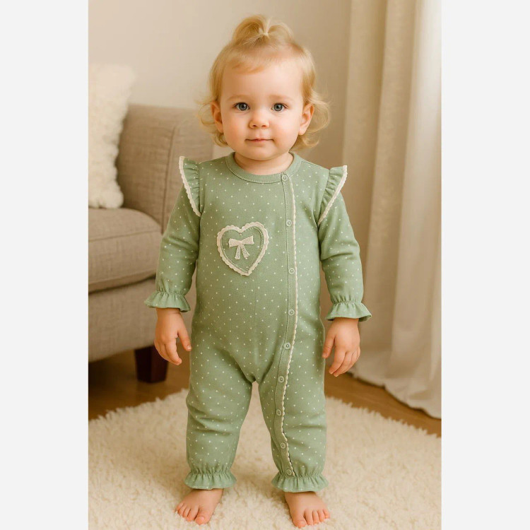 سرهمی نوزادی دخترانه سبز خالدار نخی پنبهای