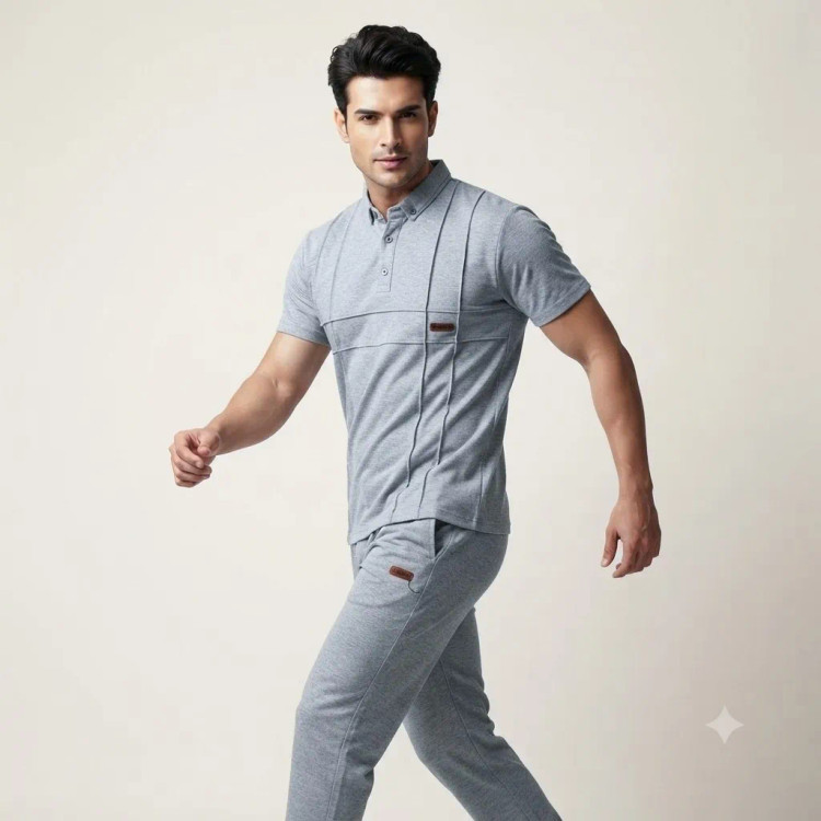 ست پولوشرت و شلوار مردانه مدل یقه فرنچ دو دکمه رنگ آبی یخی نخ پنبه ملانژ
