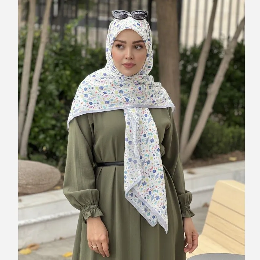 روسری نخ طرح ماهور سرمه ای اشکال هندسی ریز روزمره و مهمانی